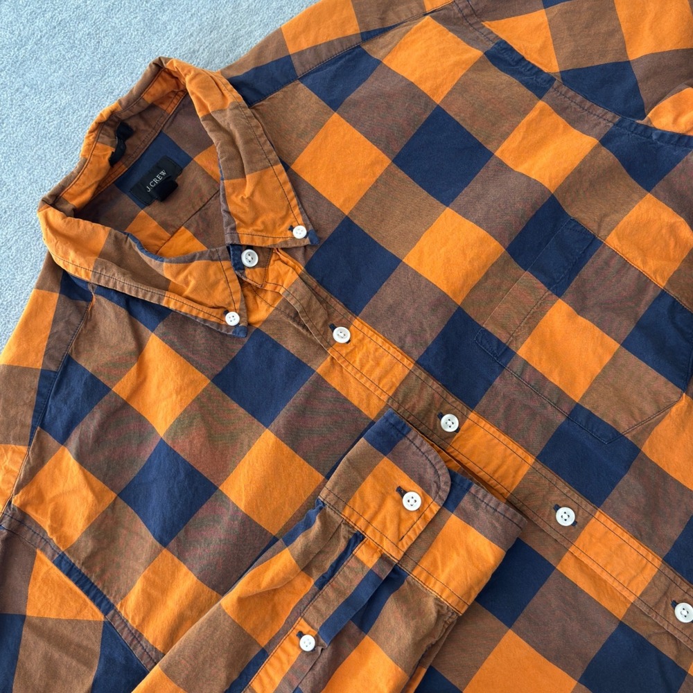 J.Crew Mens XL Orange Navy Buffalo Check Cotton Button Down Shirt